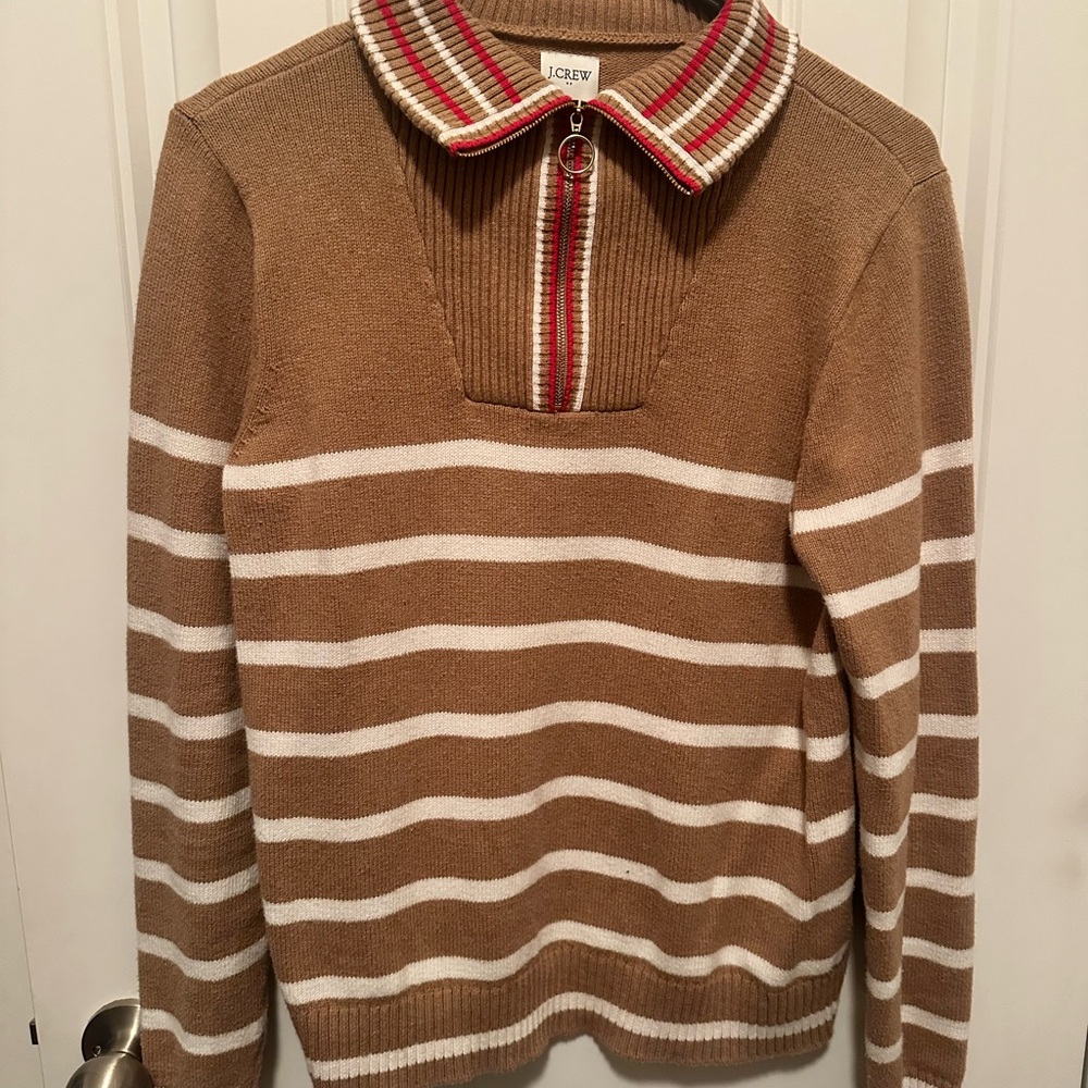 J. Crew Tan and White Striped Women's Zip Up Sweater